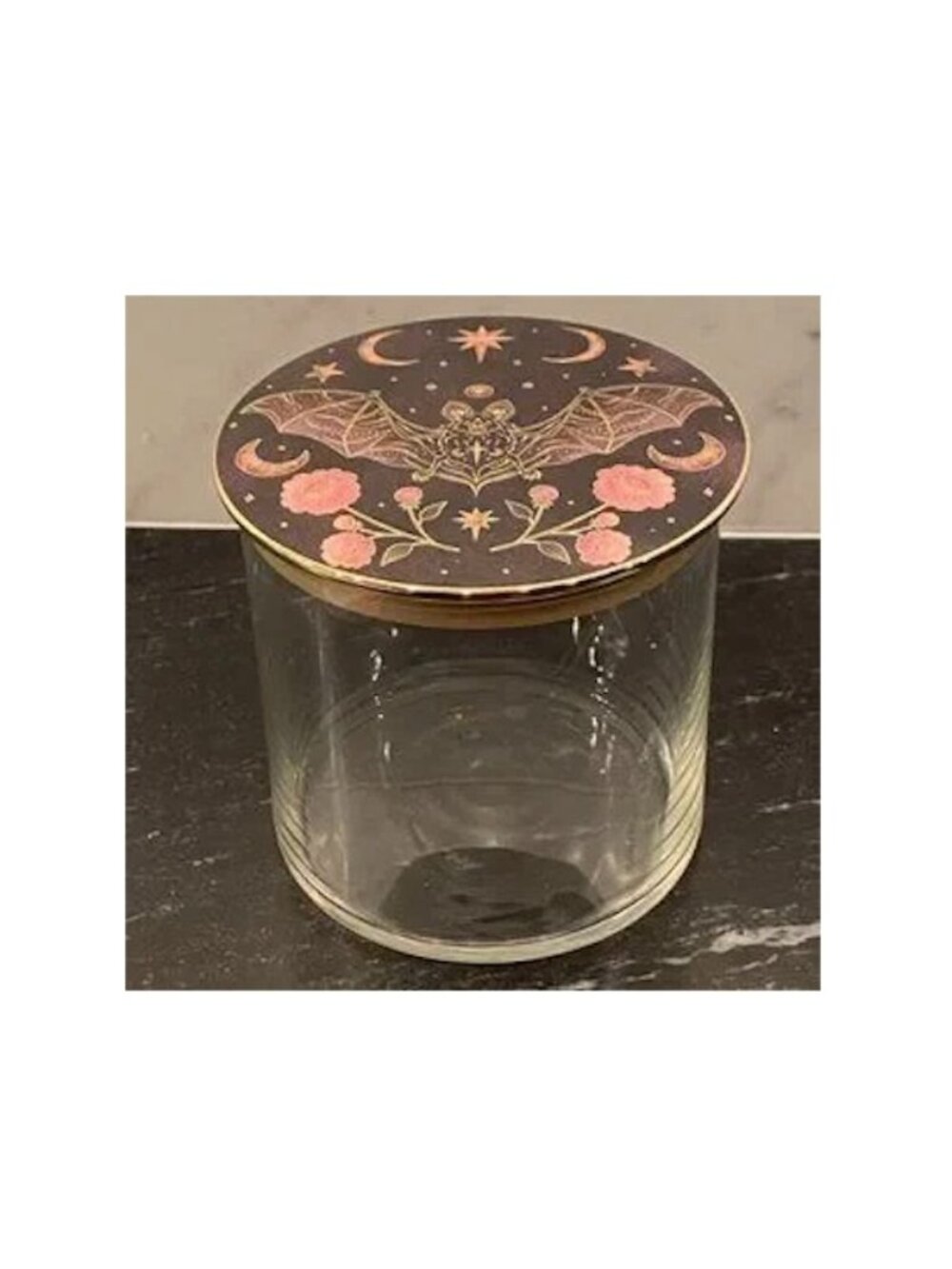 Celestial Stash Jar Clear Glass Painted Metal Lid with a Black Bat & Moon Stars